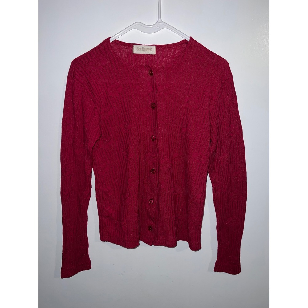 Basic Equipment Red Ribbed Floral Knit Button Front Cardigan Sweater Small